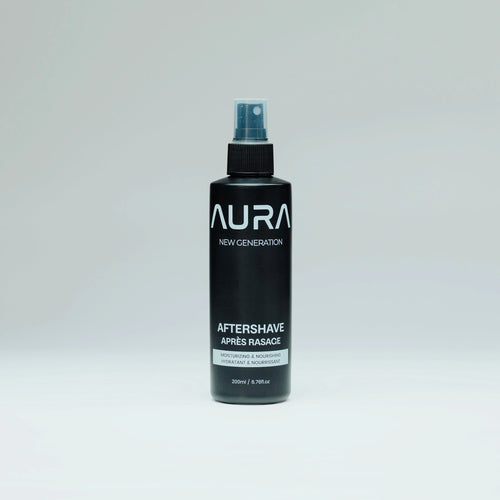 Black bottle of Aura New Generation aftershave on a light gray background