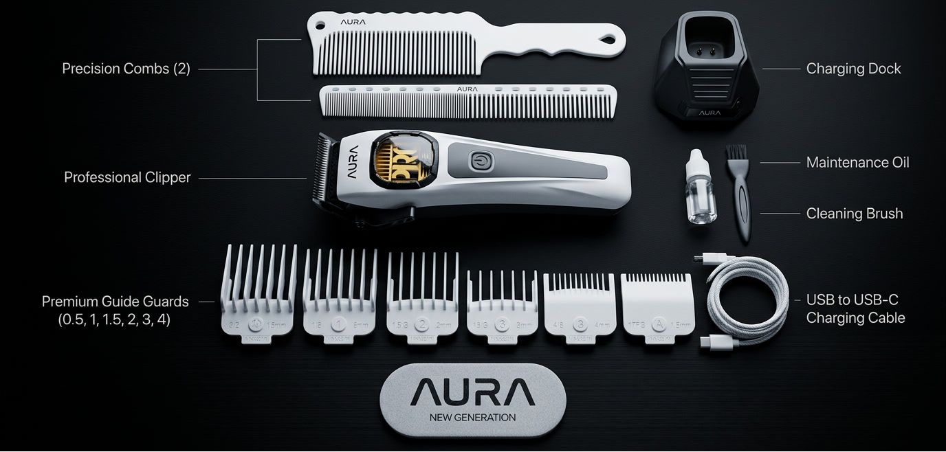 Aura Pro Kit with various grooming tools on a black background